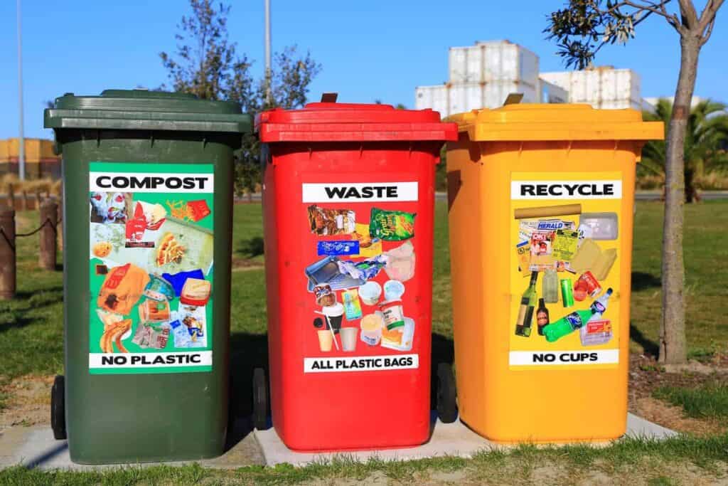 red yellow and green trash bins