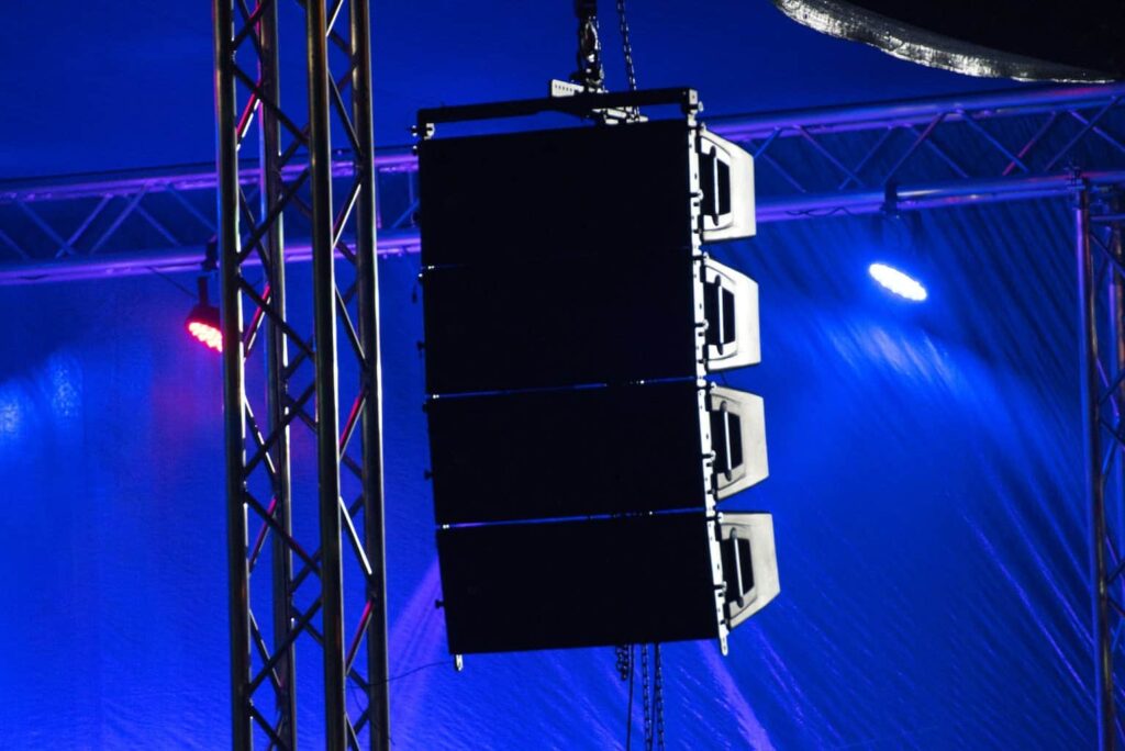 close-up photo of hanging speaker