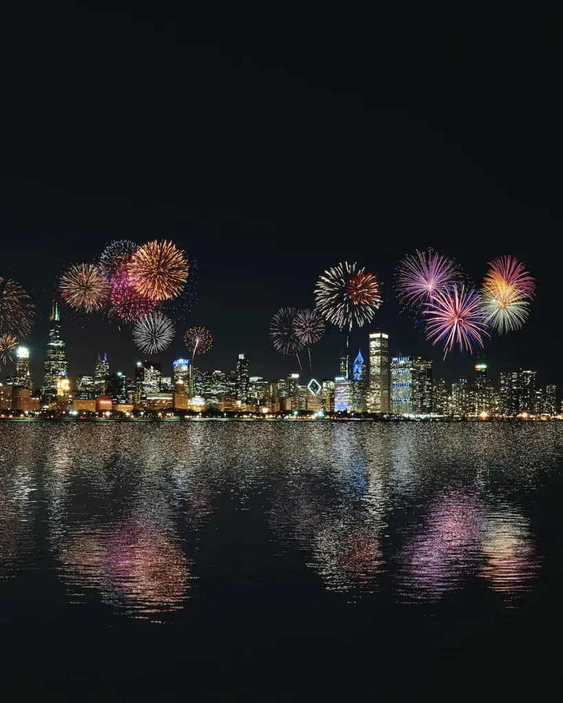 skyline buildings under fireworks display