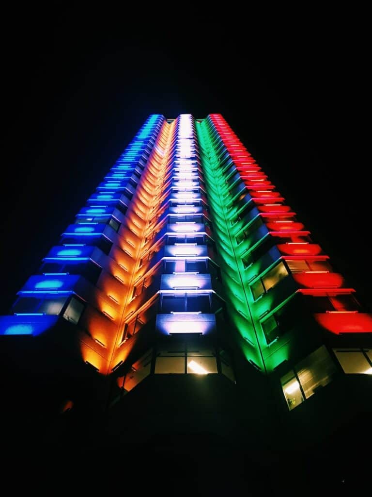 low-angle photography of multicolored high-rise building