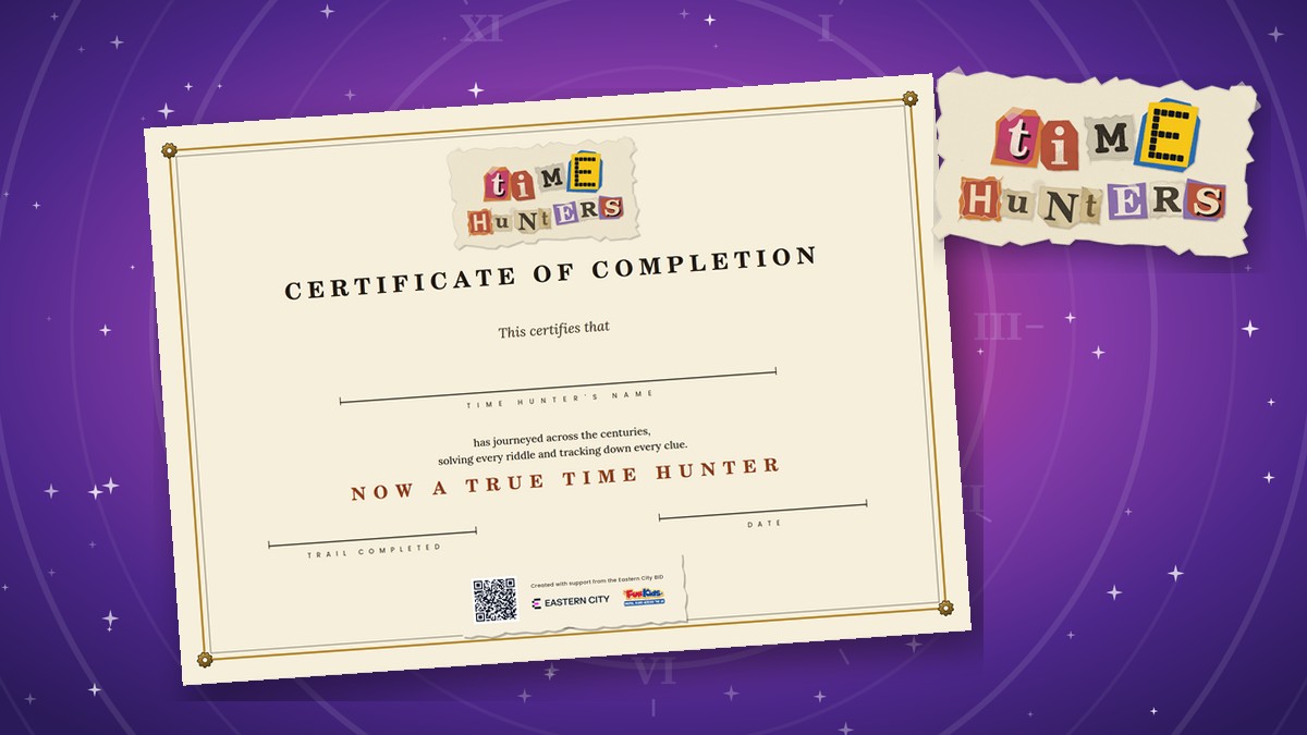 Time Hunters Certificate of Completion on a time-vortex background