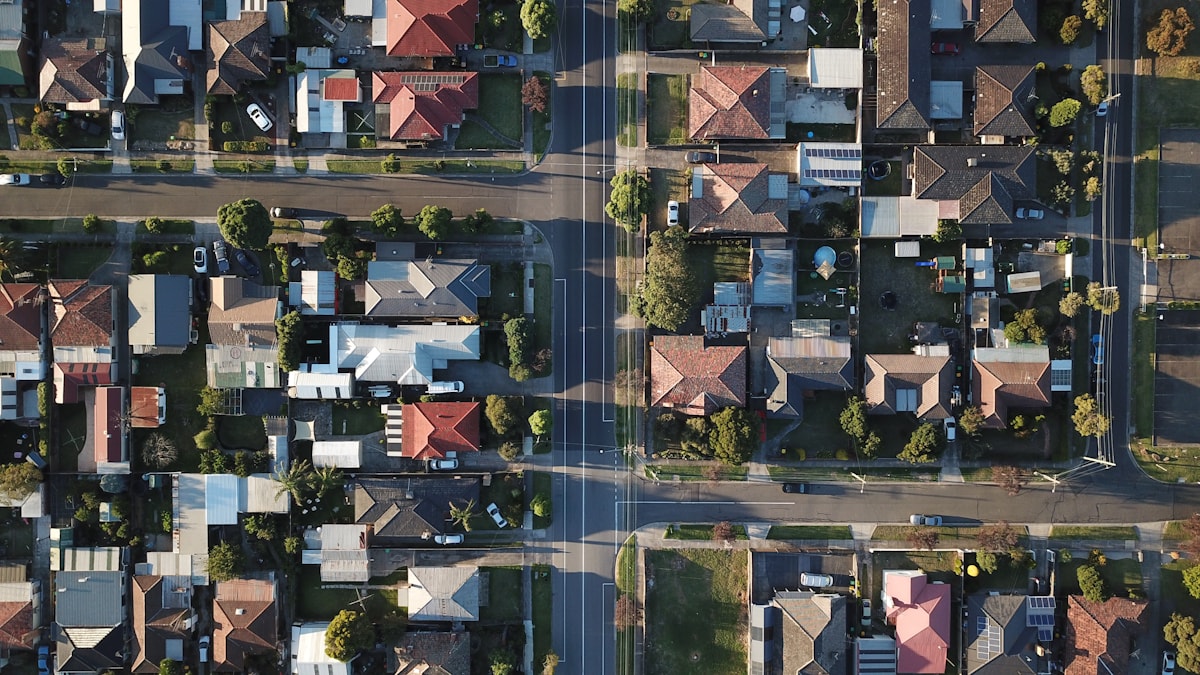 An aerial view of a neighbourhood of houses