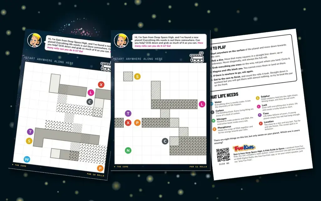 Two planet game cards and the How to Play card from Deep Space High